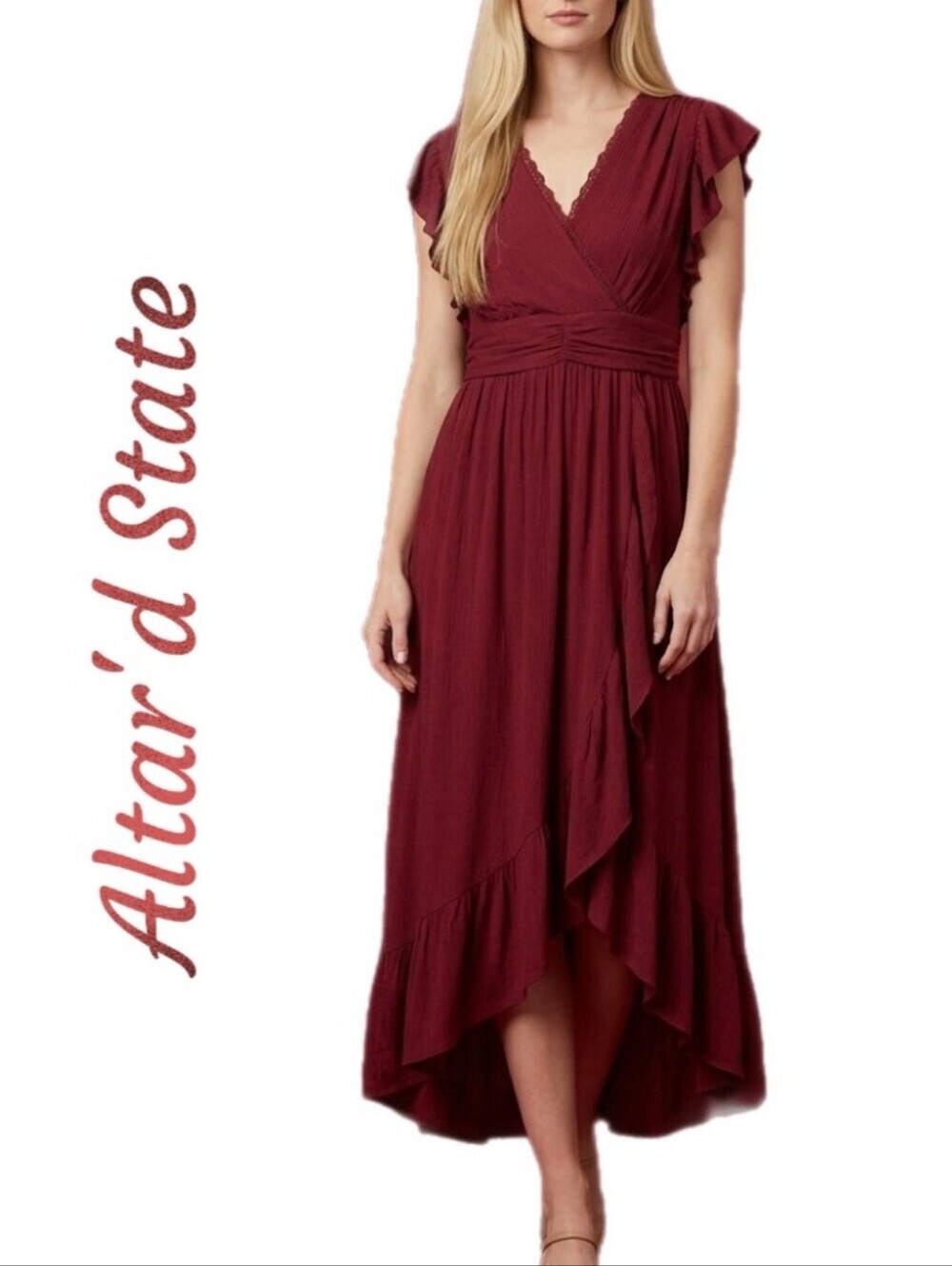 Altar'd State Women's Sz L Midi Dress Maroon Ruffle Down Front Tie At Shoulder